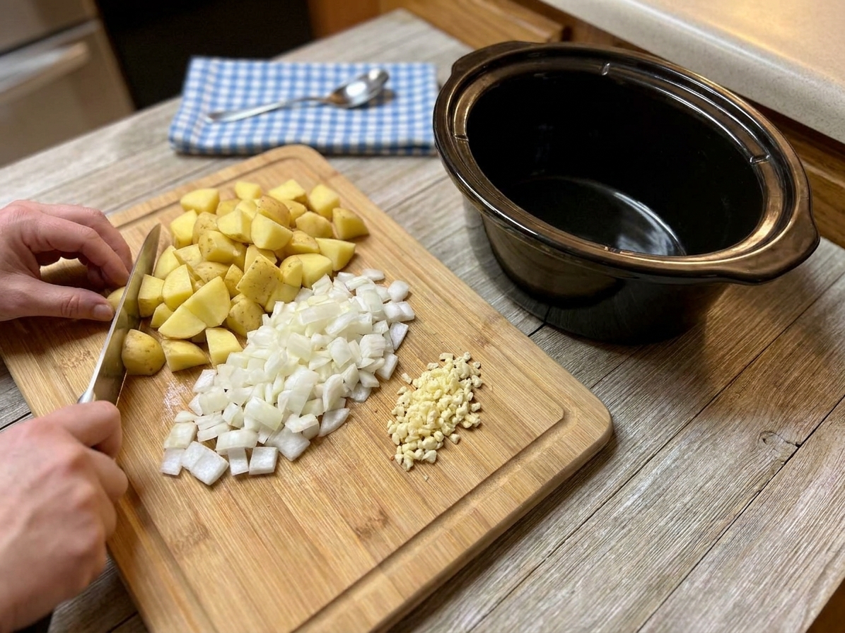 Chopped Yukon Gold potatoes, diced onion, and minced garlic on a cutting board next to a slow cooker insert