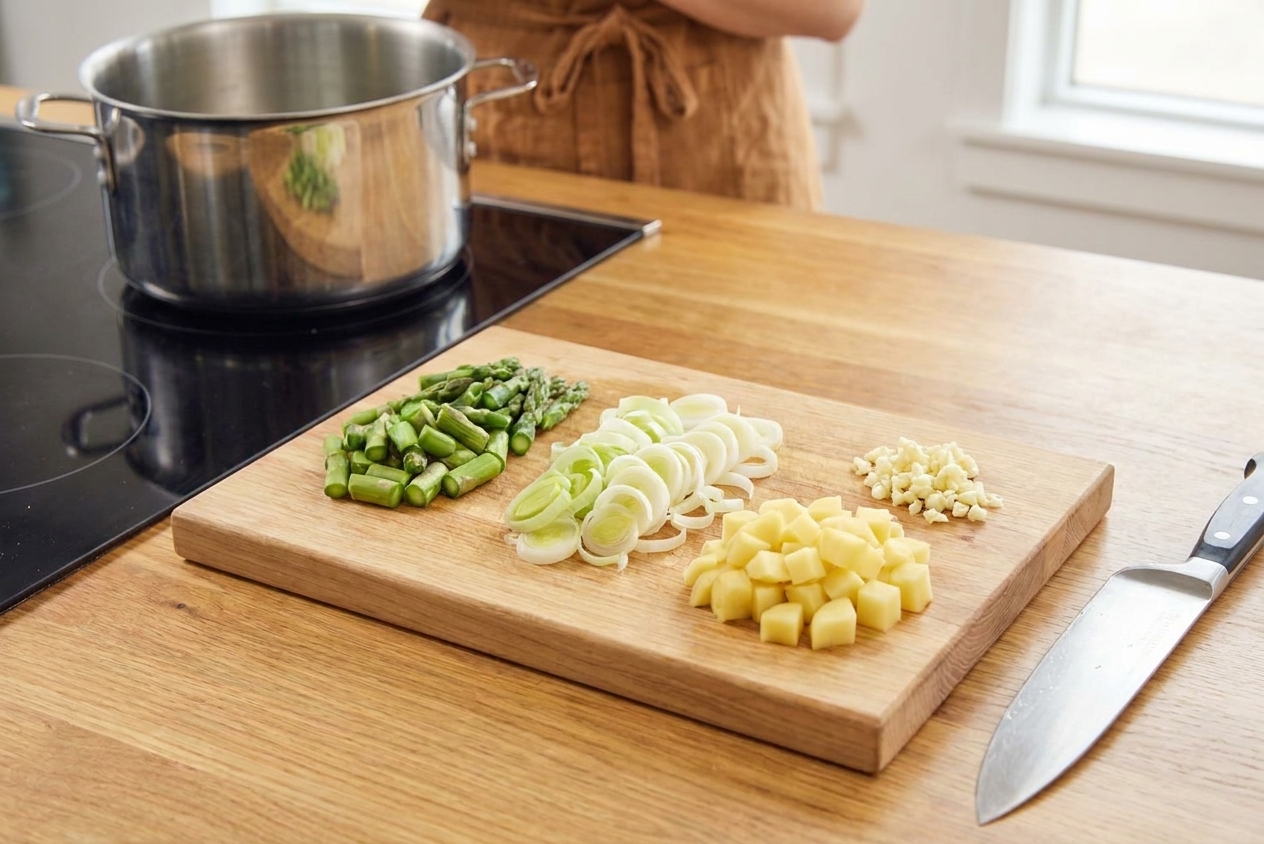 Chopped asparagus pieces, sliced leek, diced potato, and minced garlic arranged in small piles on a cutting board on a kitchen counter
