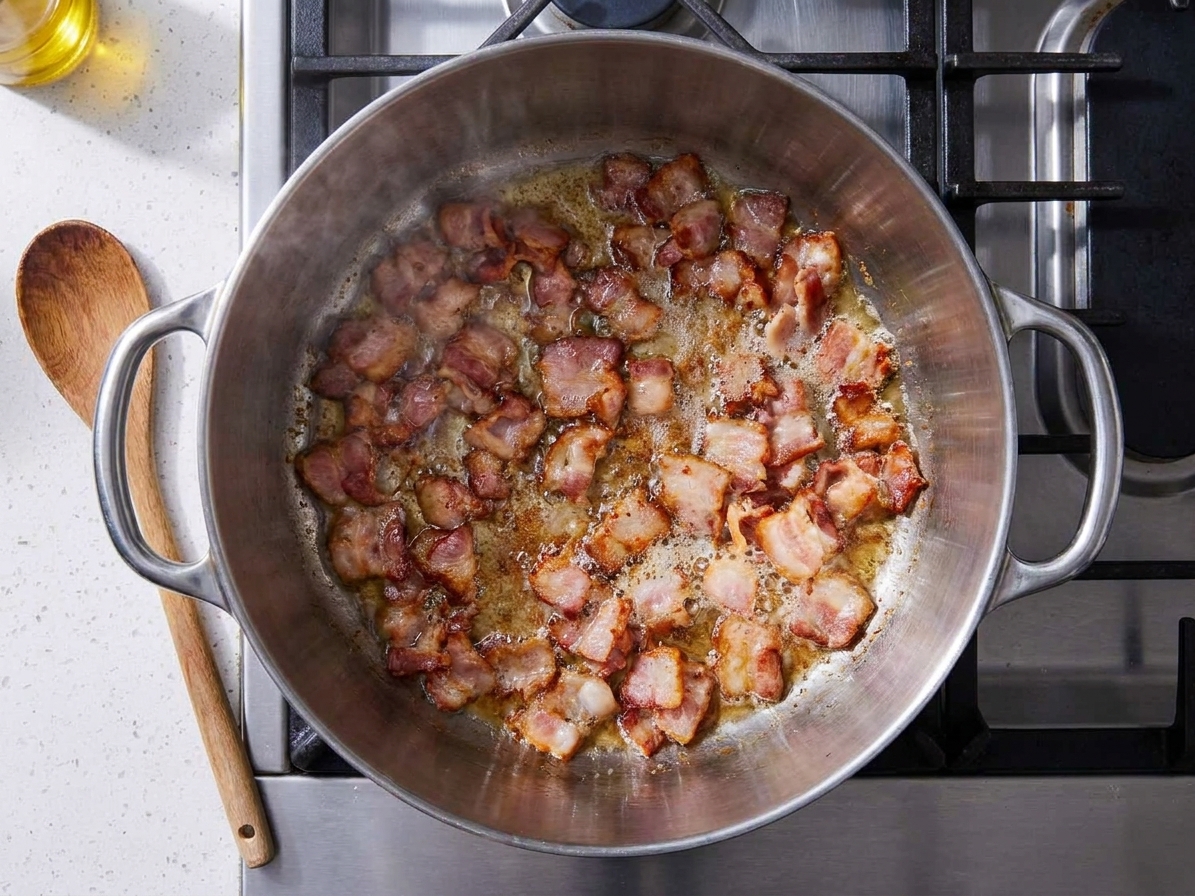 Chopped bacon browning in a large pot on a stovetop, fat rendering and edges turning crisp