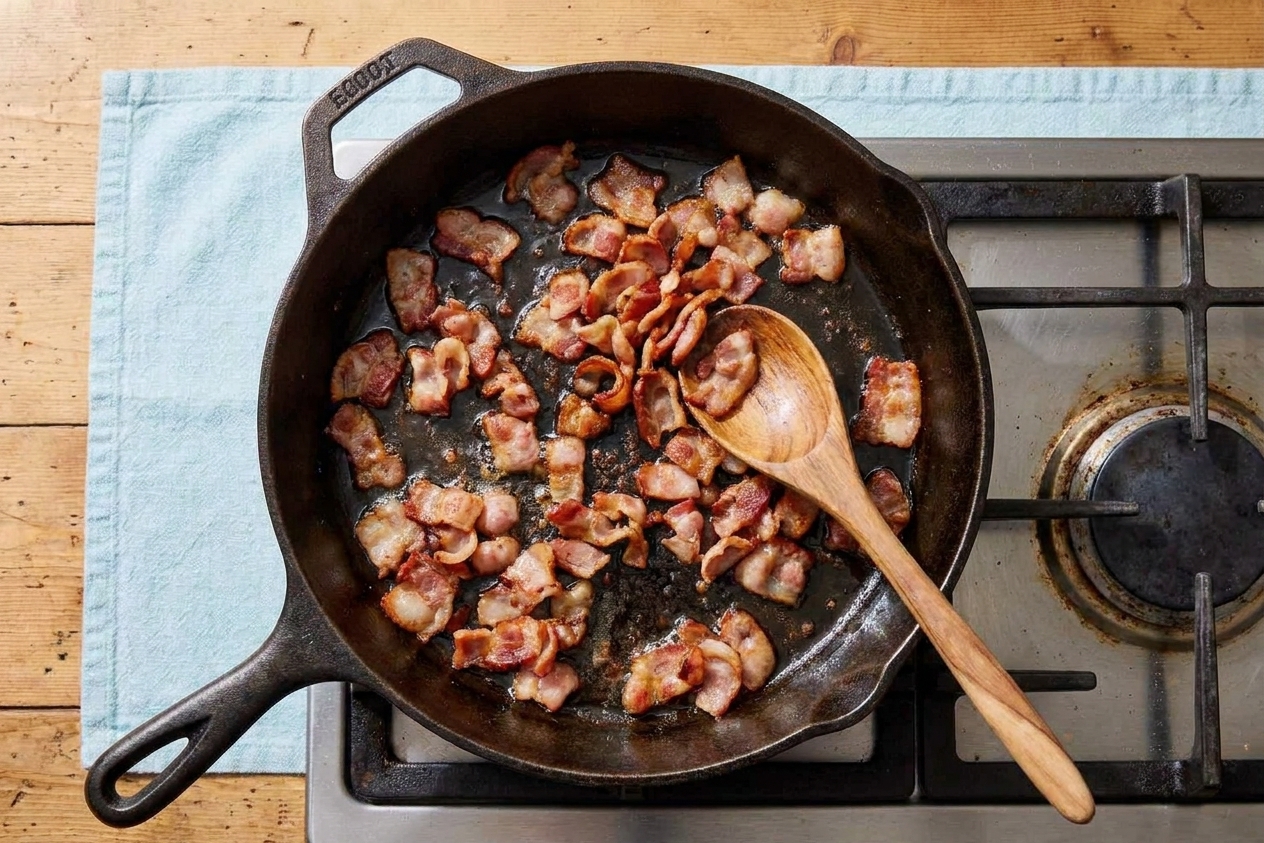 Chopped bacon crisping in a cast iron skillet on a stovetop with a wooden spoon nearby