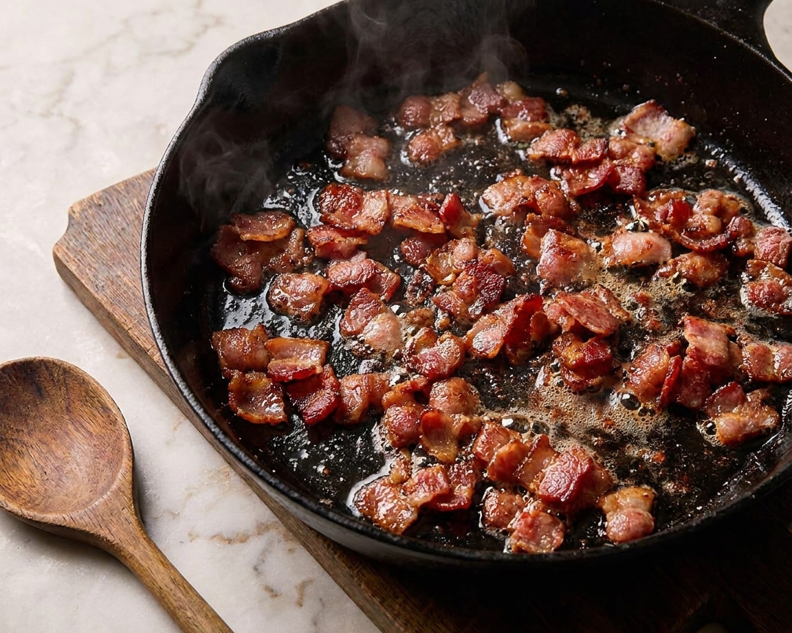 Chopped bacon sizzling and browning as it renders fat