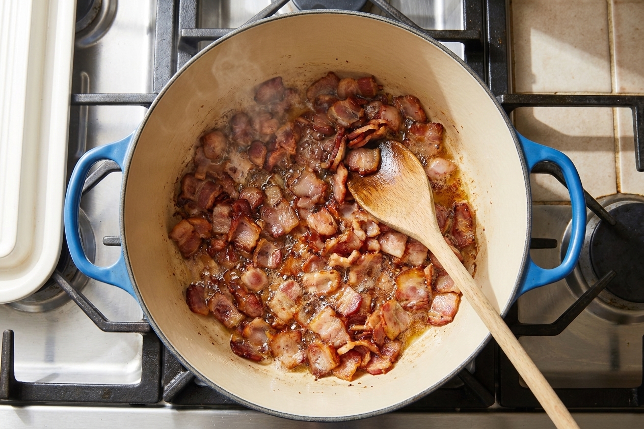 Chopped bacon sizzling and browning in a Dutch oven on a stovetop