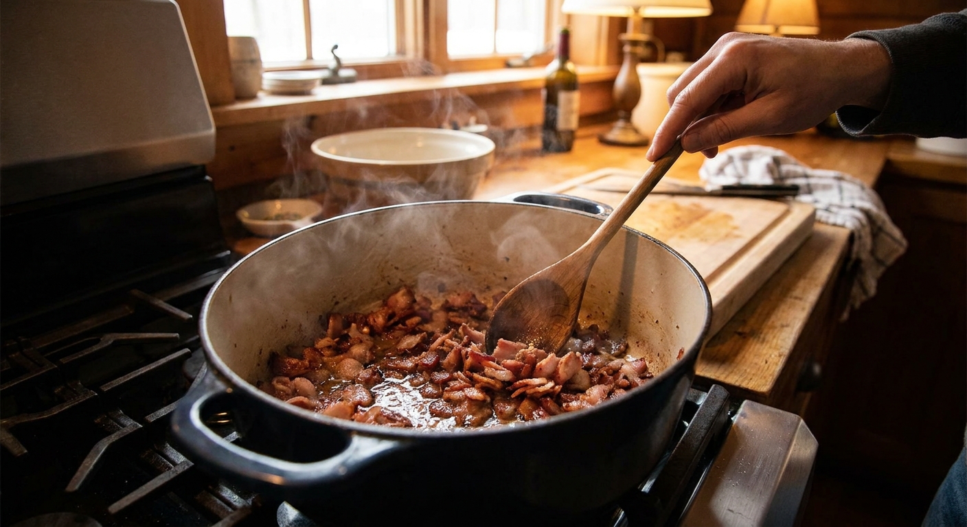 Chopped bacon sizzling and browning in a Dutch oven on a stovetop with a wooden spoon stirring, warm home kitchen lighting
