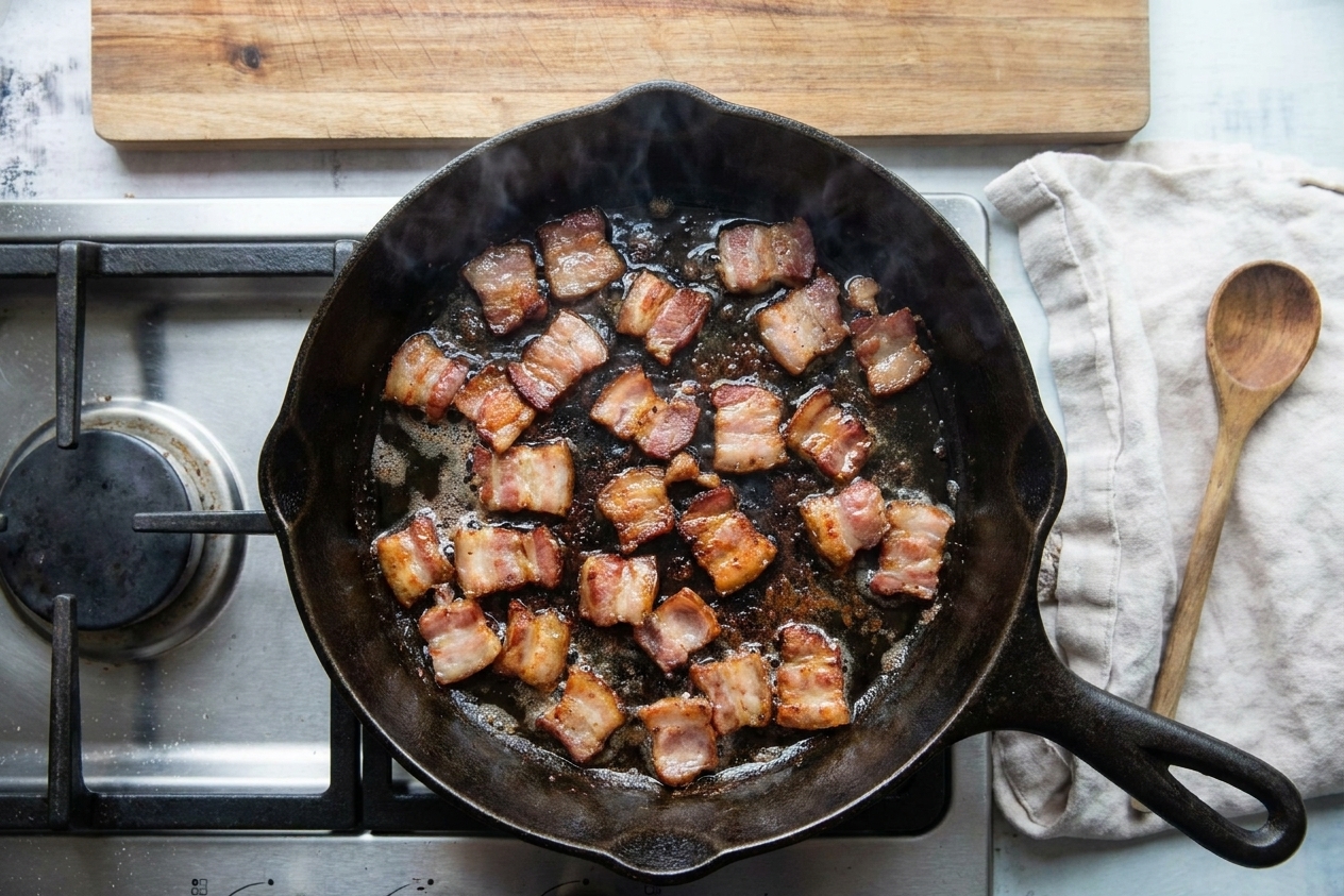 Chopped bacon sizzling and browning in a cast iron skillet on a stovetop