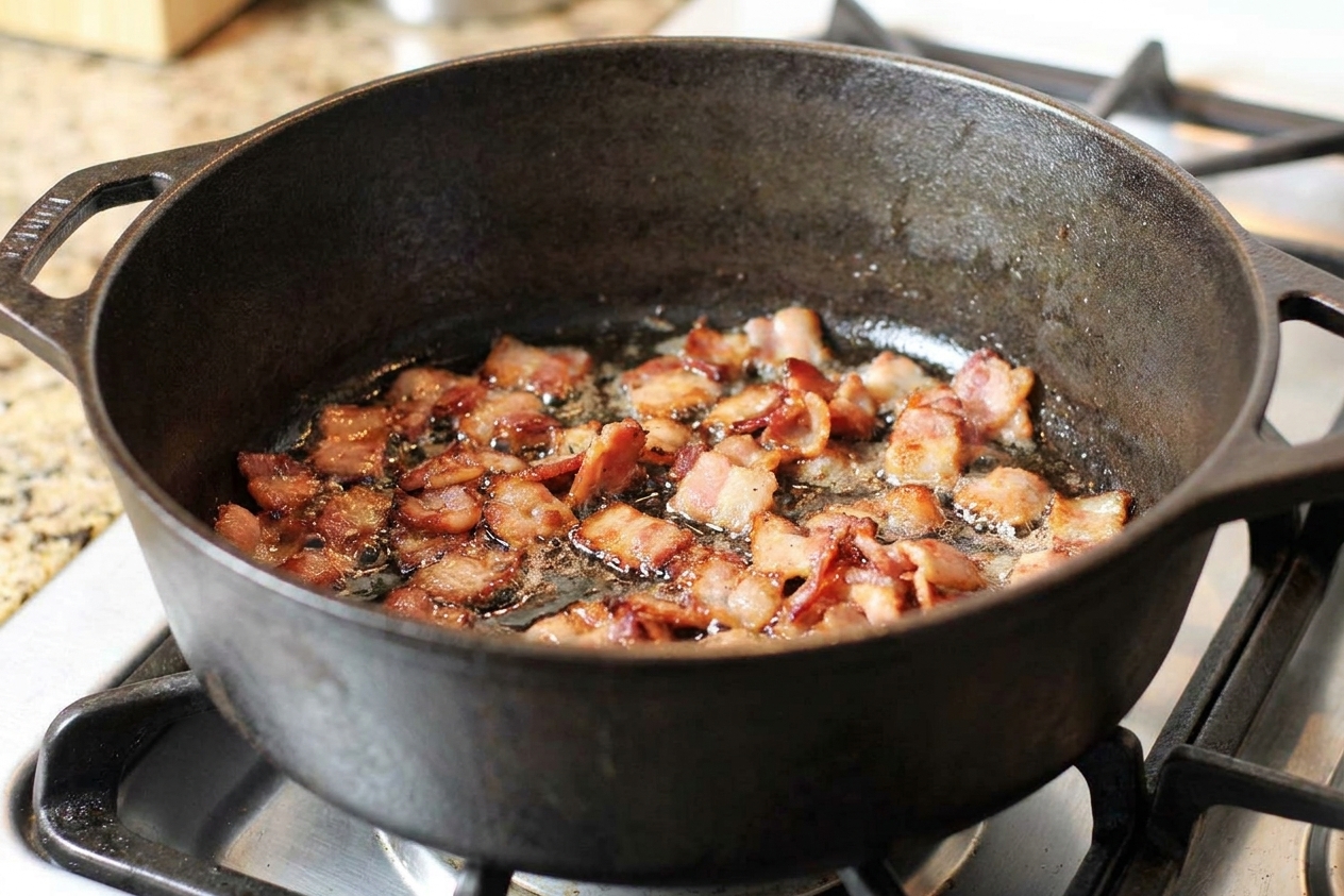 Chopped bacon sizzling and turning crisp in a Dutch oven on a stovetop