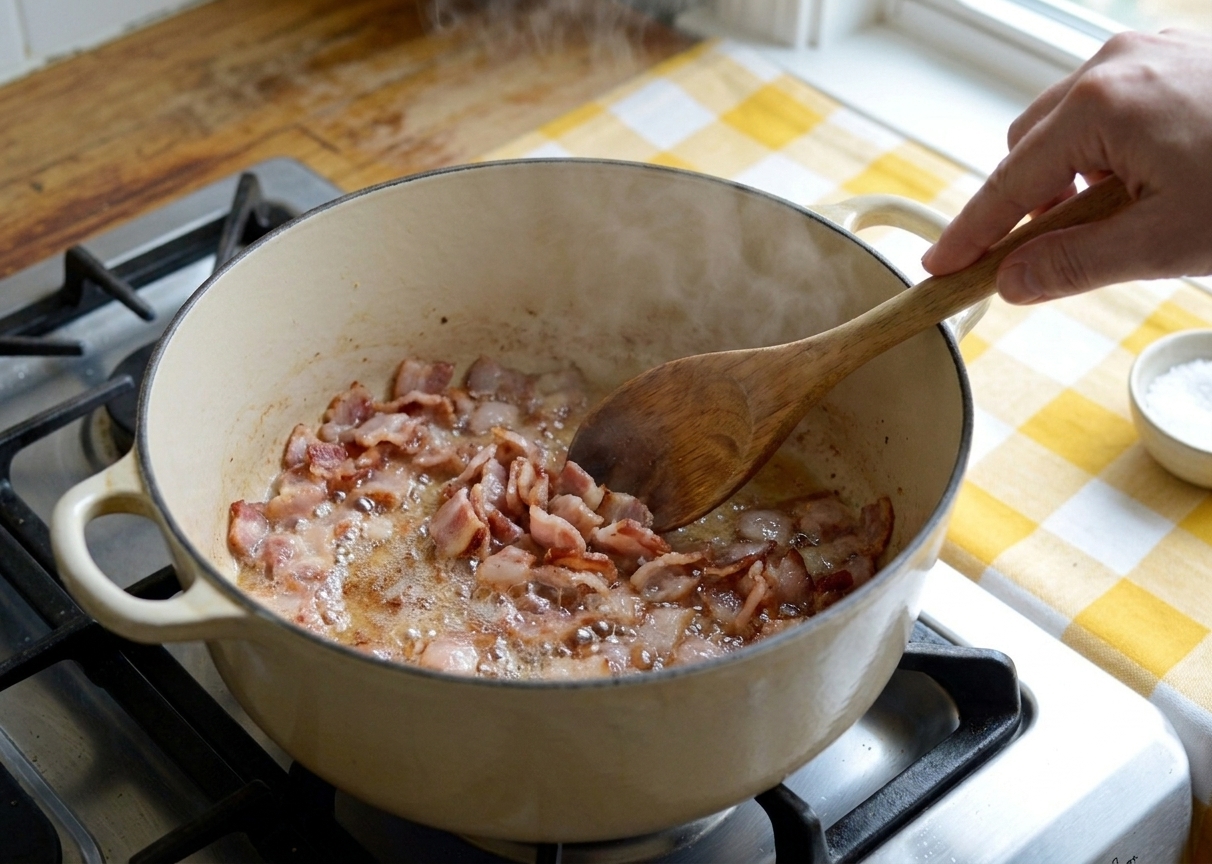 Chopped bacon sizzling in a Dutch oven on a stovetop with a wooden spoon stirring