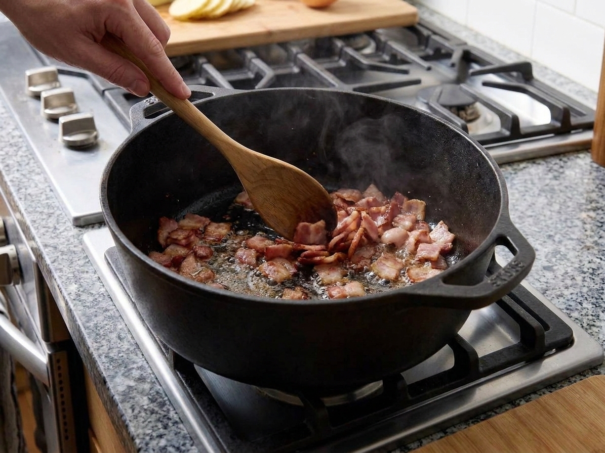Chopped bacon sizzling in a Dutch oven on a stovetop with a wooden spoon stirring