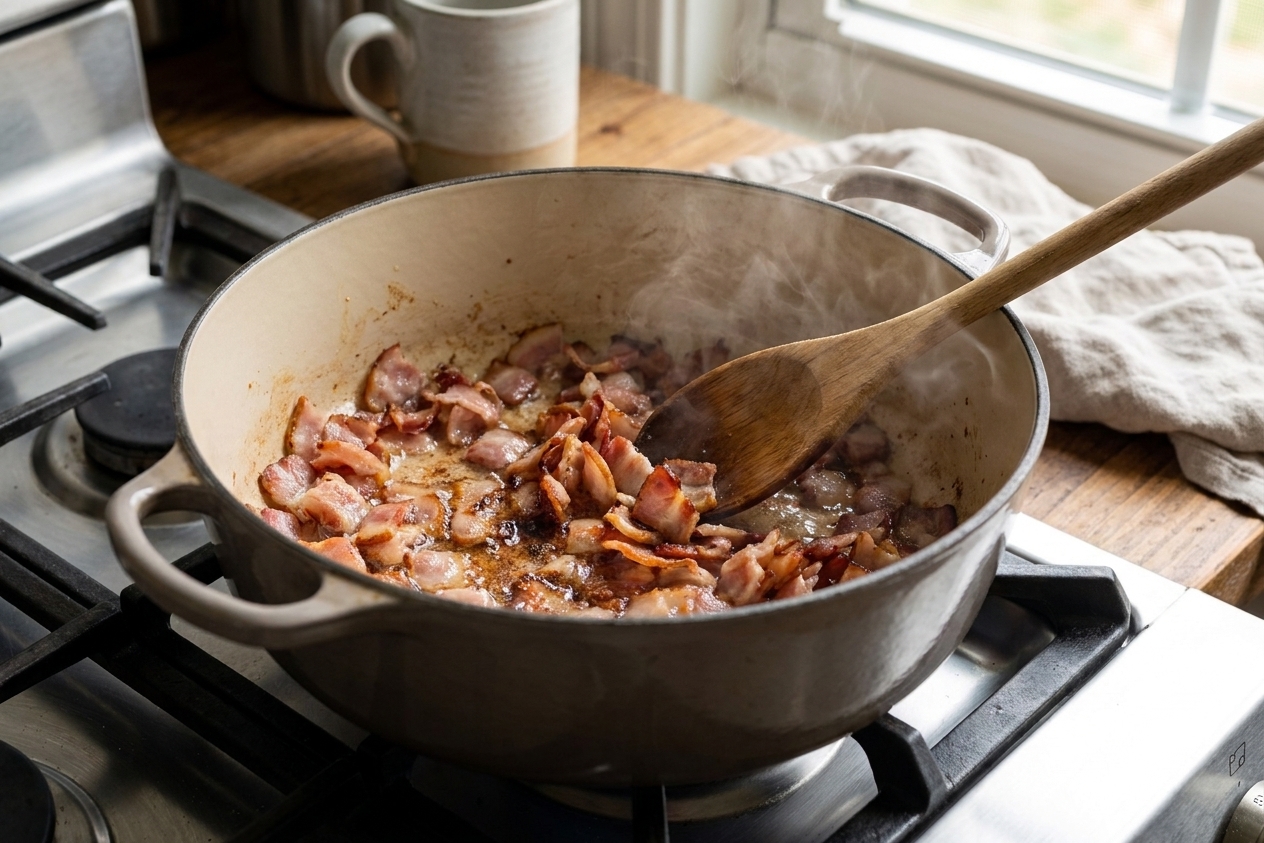 Chopped bacon sizzling in a Dutch oven on a stovetop with a wooden spoon stirring