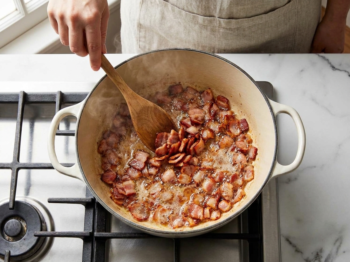 Chopped bacon sizzling in a Dutch oven on a stovetop as it turns crisp and golden