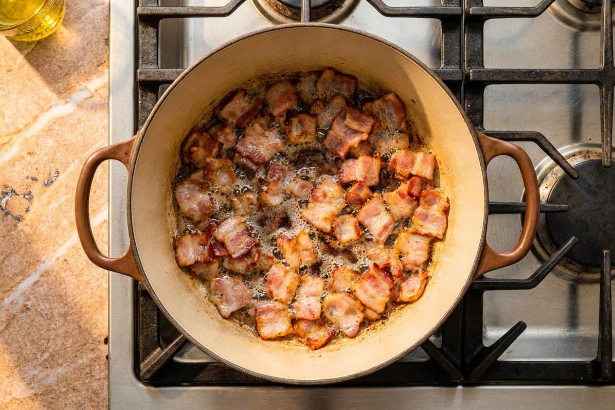 Chopped bacon sizzling in a Dutch oven on a stovetop, beginning to turn crisp