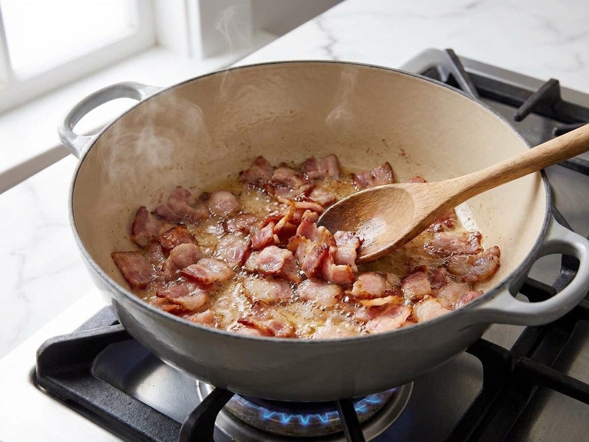 Chopped bacon sizzling in a Dutch oven on a stovetop, beginning to crisp