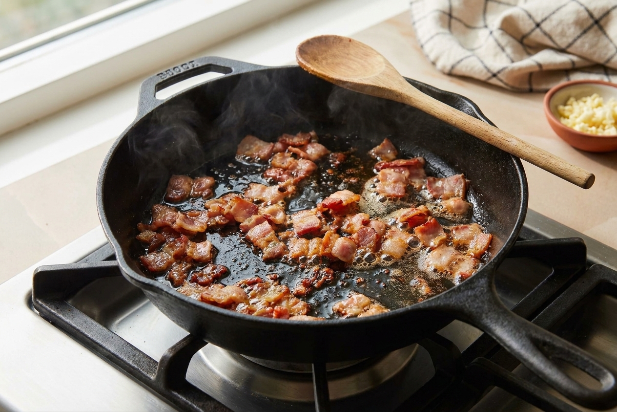Chopped bacon sizzling in a cast iron skillet on a stovetop, starting to brown and render fat