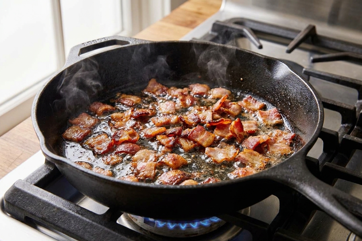 Chopped bacon sizzling in a cast iron skillet on a stovetop, with browned edges and rendered fat in the pan