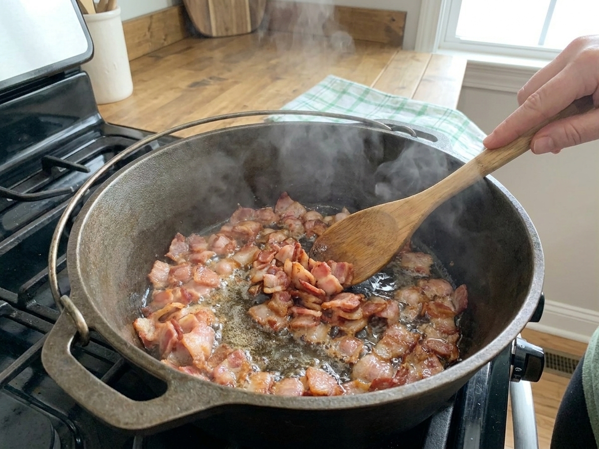 Chopped bacon sizzling in a heavy pot on a stovetop as the fat renders and turns glossy