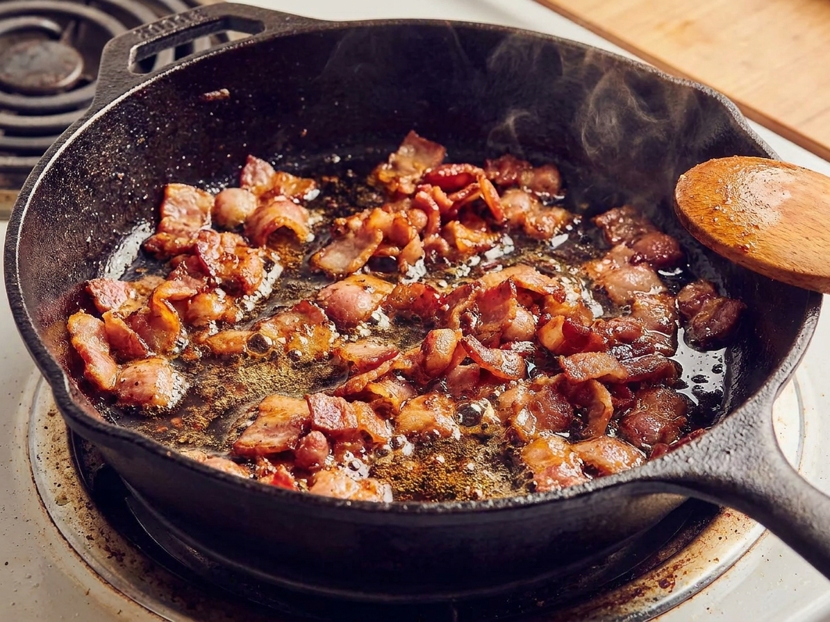 Chopped bacon sizzling in a hot cast iron skillet on a home stove, with rendered fat pooling in the pan