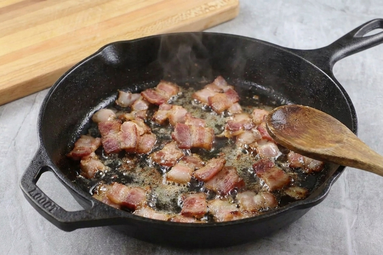Chopped bacon sizzling in a hot skillet as the fat renders, with a wooden spoon resting on the edge