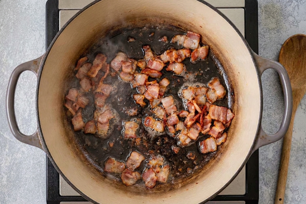Chopped bacon sizzling in a large Dutch oven as the fat renders, viewed from above on a stovetop
