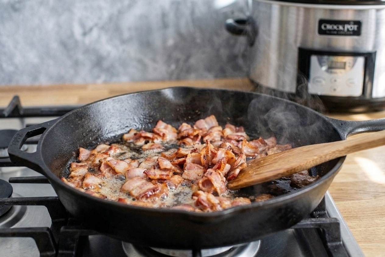 Chopped bacon sizzling in a skillet on a stove with edges turning crisp