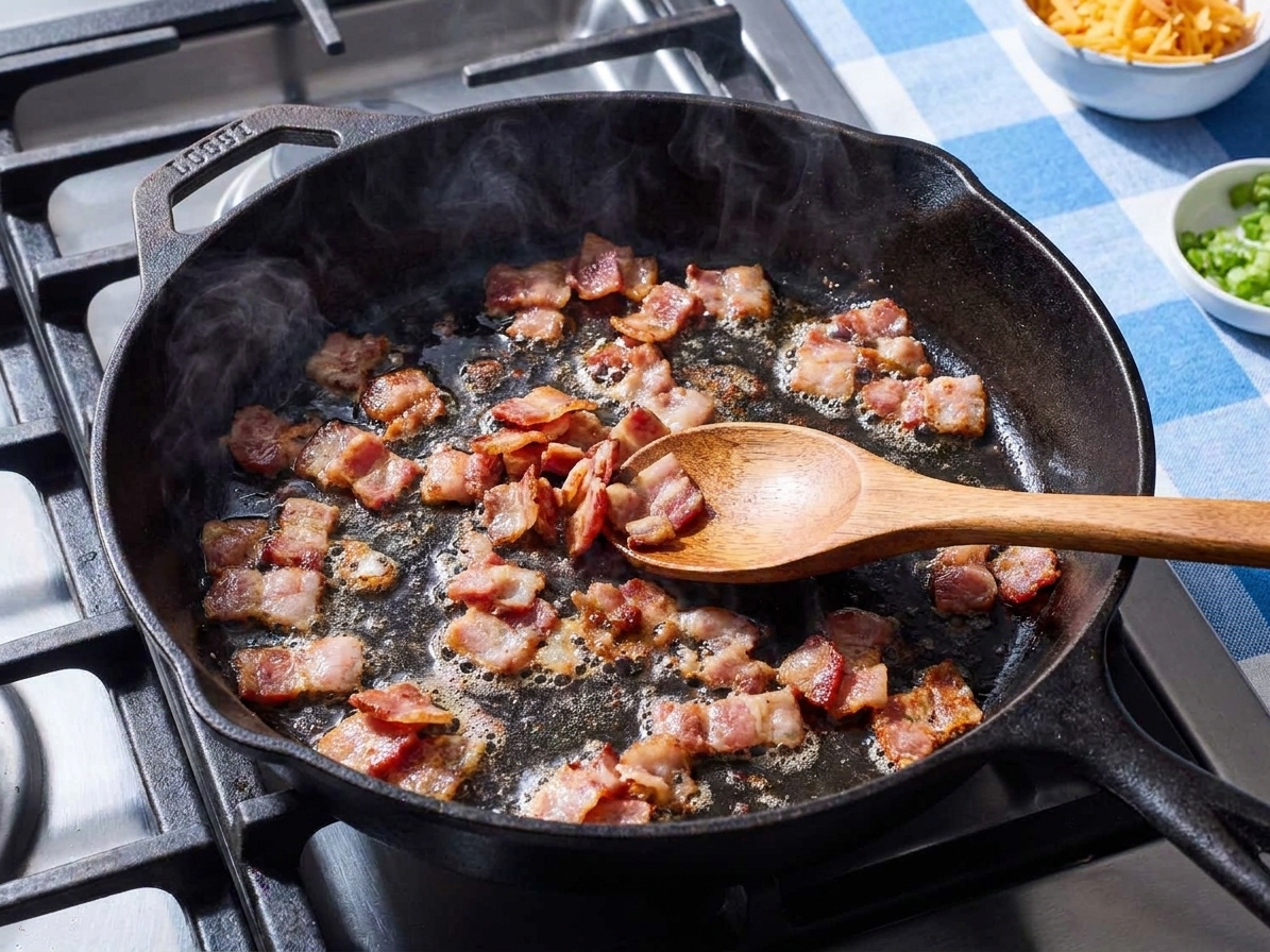Chopped bacon sizzling in a skillet on a stovetop with a wooden spoon nearby