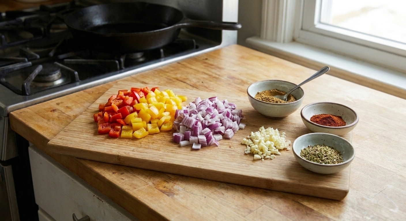 Chopped bell peppers, diced onion, and minced garlic arranged on a cutting board beside small bowls of spices on a kitchen counter
