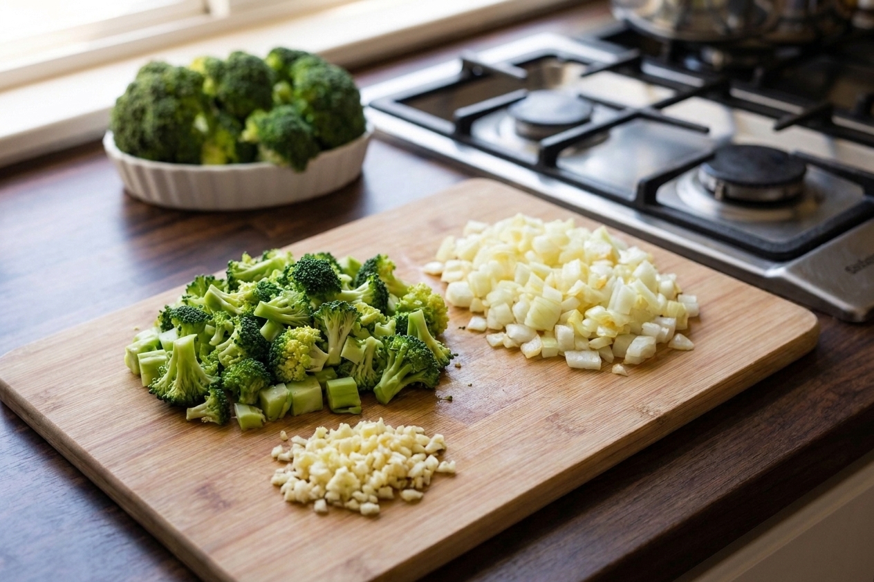 Chopped broccoli florets and stems, diced onion, and minced garlic in separate piles on a cutting board