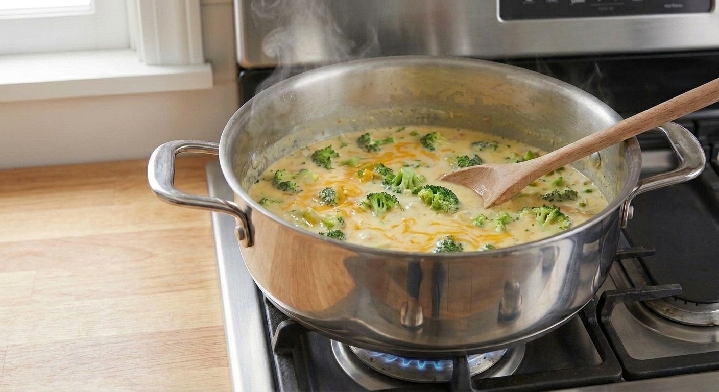Chopped broccoli florets simmering in a creamy soup base inside a large pot