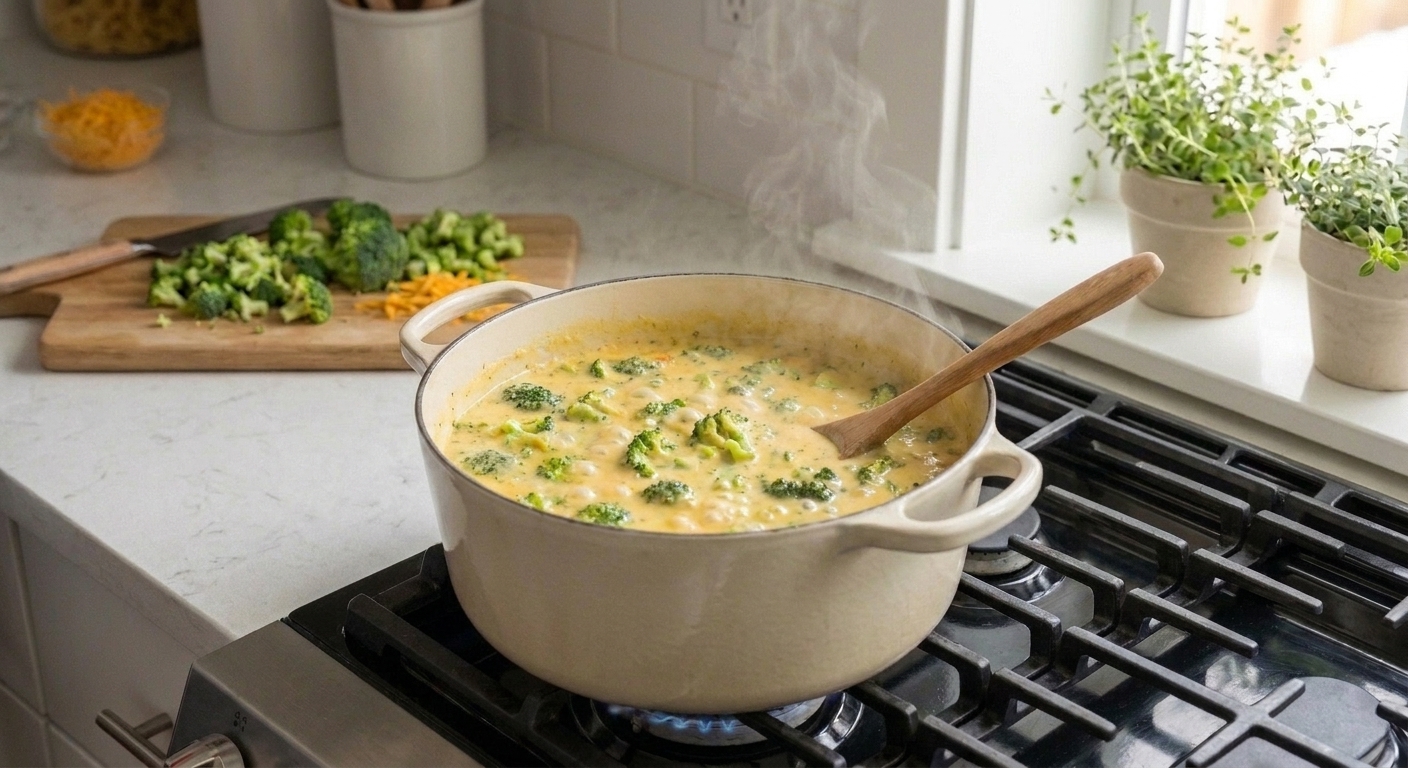 Chopped broccoli florets simmering in a creamy soup base inside a Dutch oven on the stove