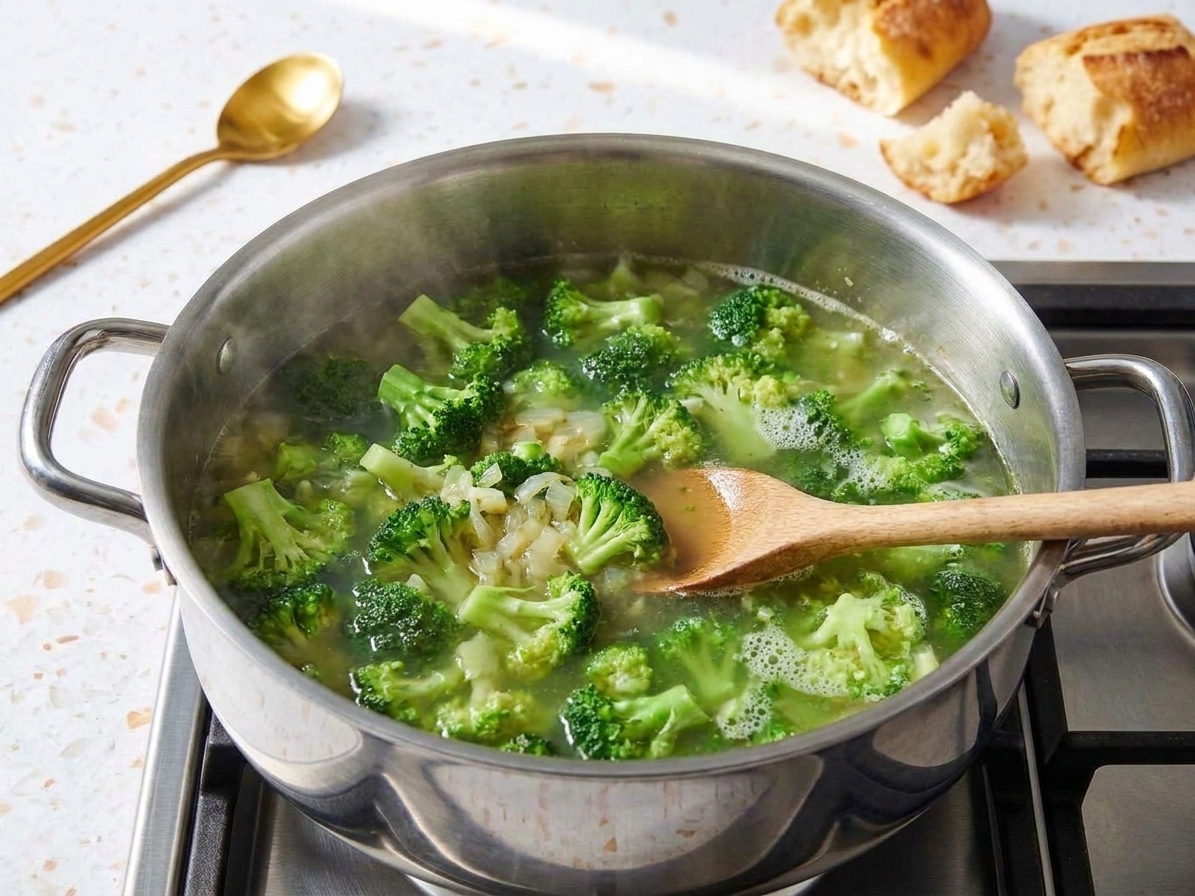 Chopped broccoli simmering in broth in a large pot with steam rising