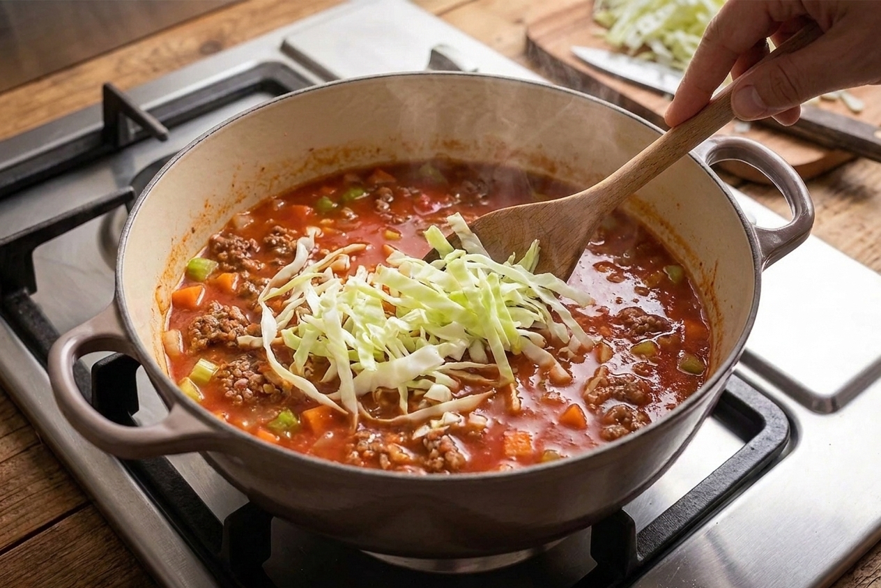Chopped cabbage being stirred into a pot of tomato-based soup on the stove