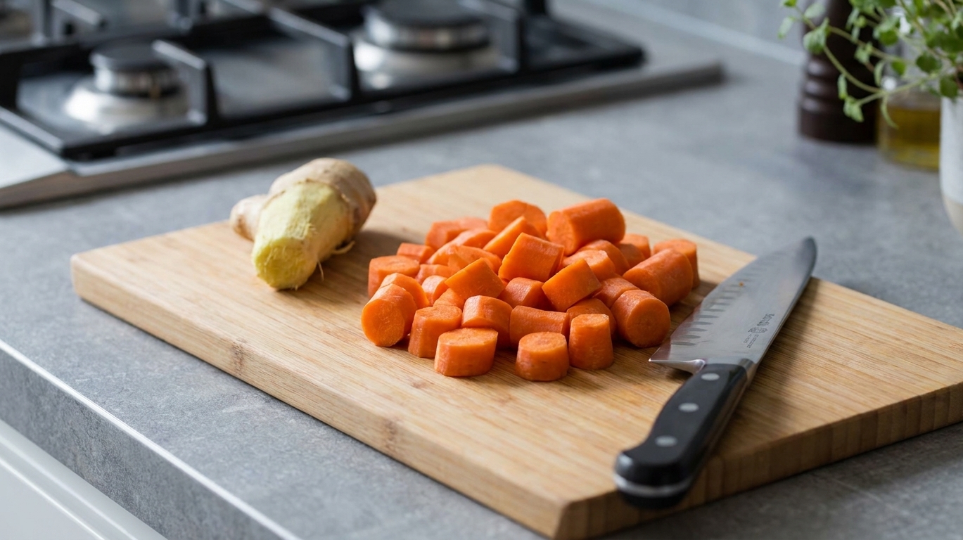Chopped carrots and peeled ginger on a cutting board next to a chef's knife on a kitchen counter