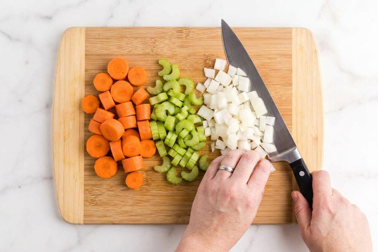 Chopped carrots, celery, and onion on a cutting board with a knife nearby