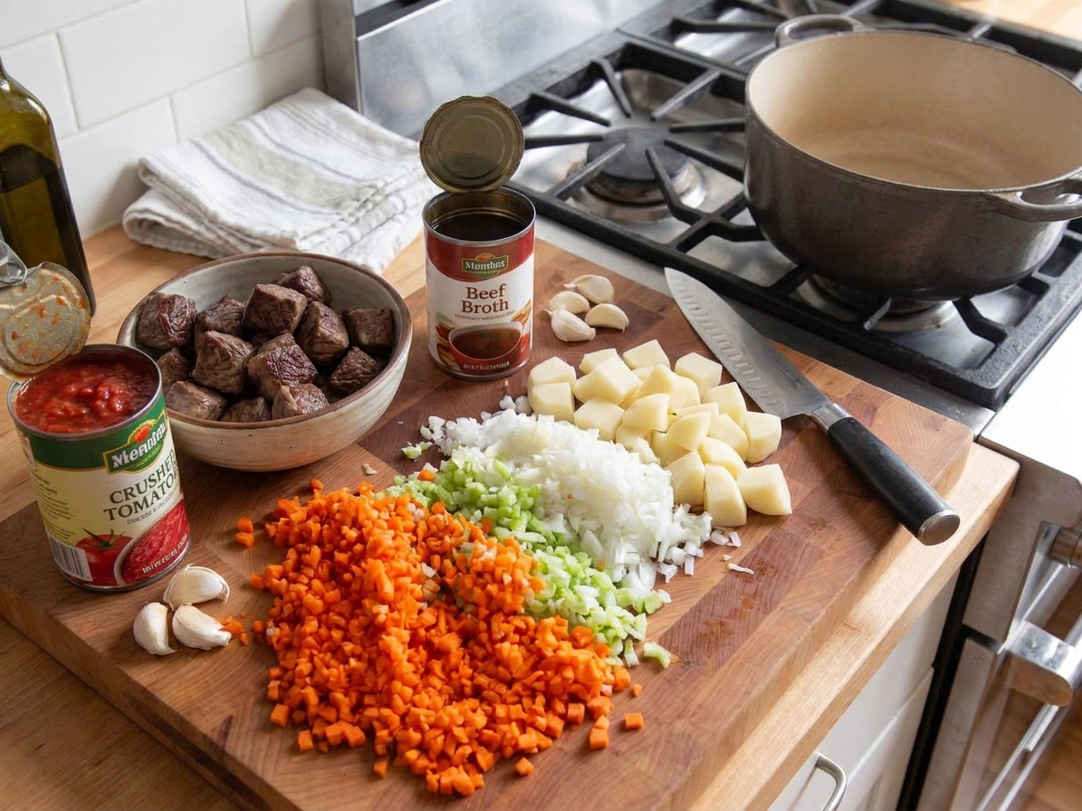 Chopped carrots, celery, onion, cubed beef, potatoes, garlic, and cans of tomatoes and broth arranged on a kitchen counter ready for soup