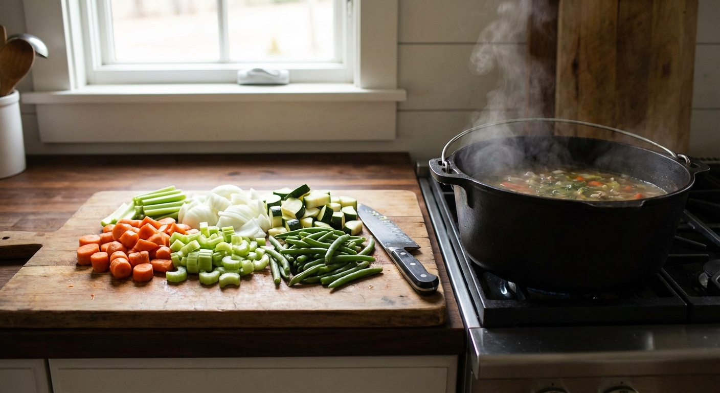 Chopped carrots, celery, onion, zucchini, and green beans on a cutting board next to a soup pot