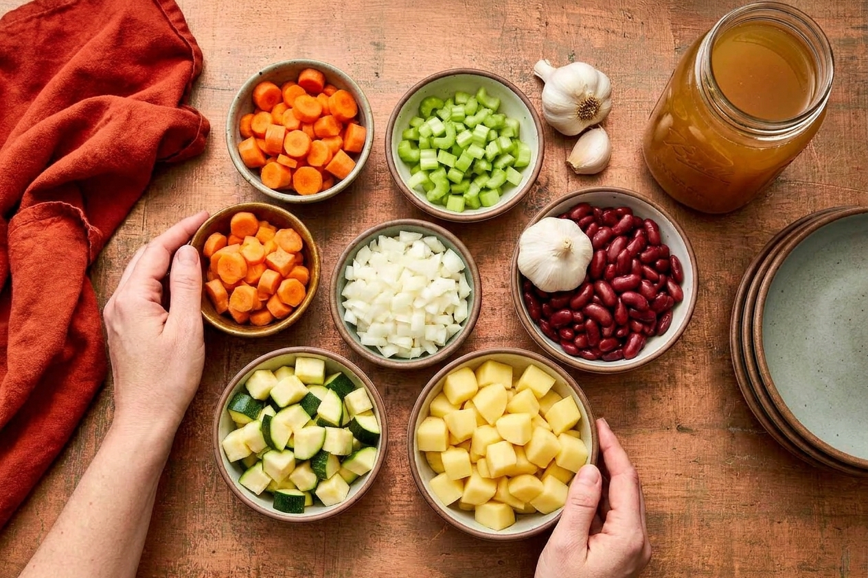Chopped carrots, celery, onion, zucchini, and potatoes in small bowls arranged next to garlic, beans, and broth on a kitchen counter