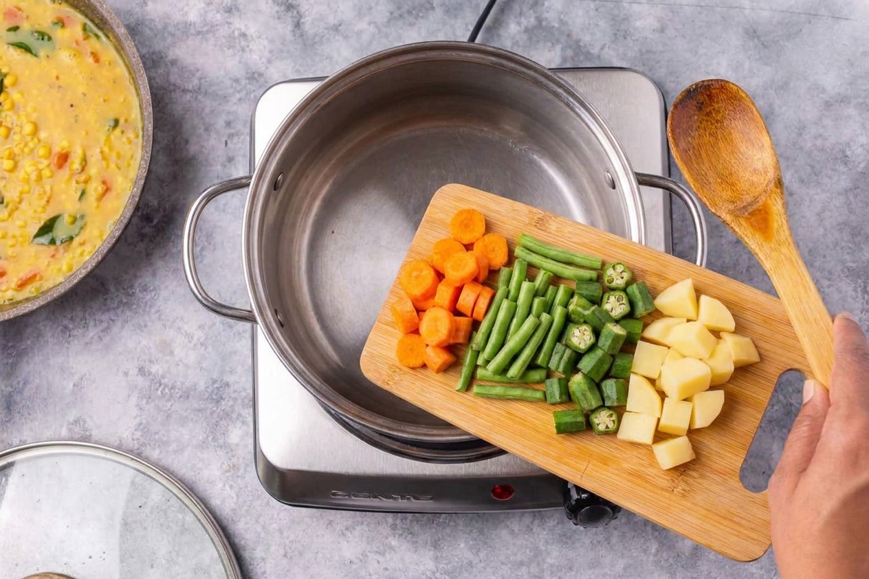 Chopped carrots, green beans, okra, and potatoes on a cutting board beside a pot on the stove
