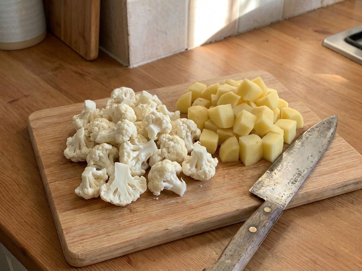 Chopped cauliflower florets and cubed potatoes on a wooden cutting board with a chef’s knife nearby