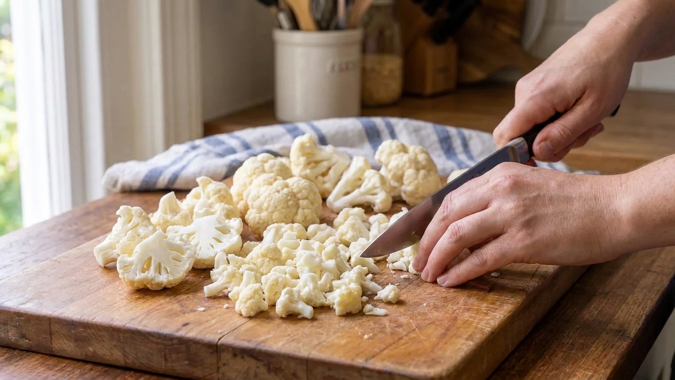 Chopped cauliflower florets being cut into small, bite-size pieces on a wooden cutting board in a bright home kitchen