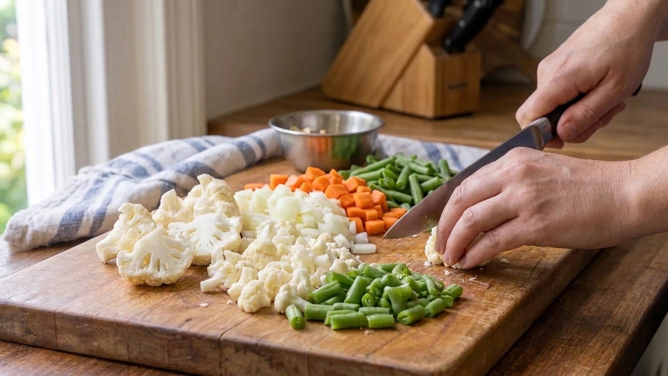 Chopped cauliflower florets, diced onion, diced carrots, and chopped green beans spread on a cutting board on a home kitchen counter