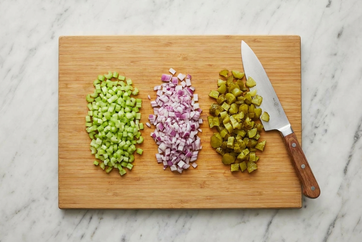 Chopped celery, diced red onion, and chopped dill pickles on a cutting board with a chef's knife