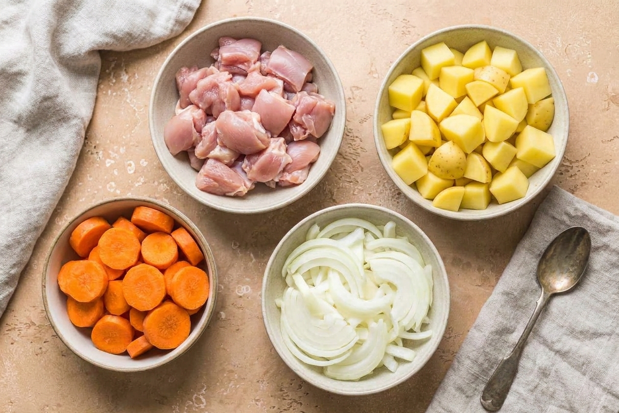 Chopped chicken thighs, cubed Yukon Gold potatoes, sliced carrots, and sliced onion arranged in separate bowls on a kitchen counter