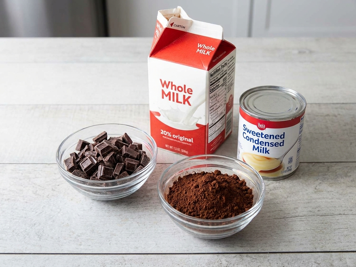 Chopped chocolate and cocoa powder measured in small bowls beside milk and condensed milk on a kitchen counter