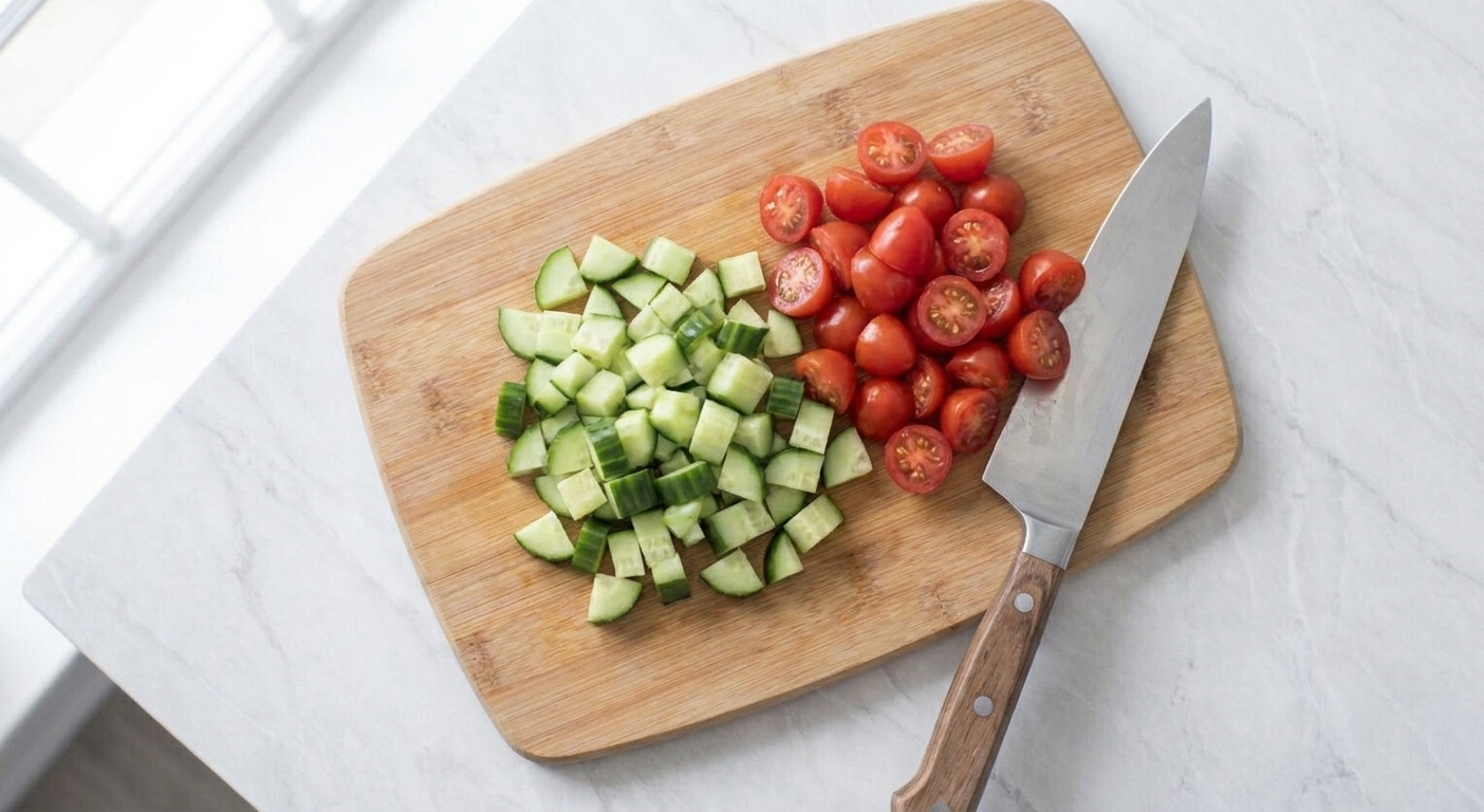 Chopped cucumber and halved cherry tomatoes on a cutting board with a chef's knife on a bright kitchen counter