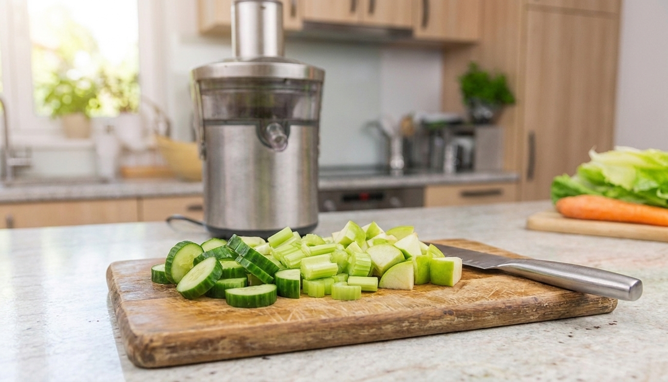 Chopped cucumber, celery, and green apple pieces on a wooden cutting board with a chef’s knife in a bright home kitchen