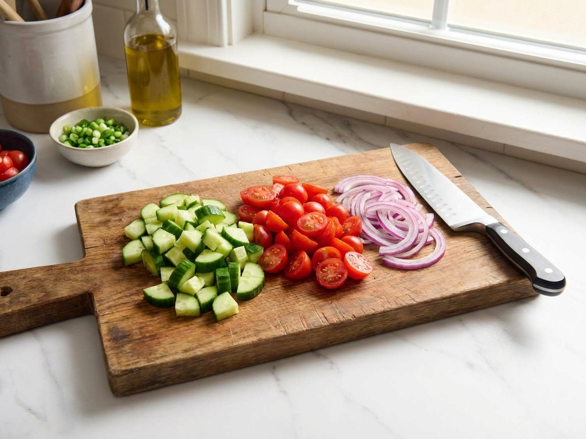 Chopped cucumber, halved cherry tomatoes, and sliced red onion on a wooden cutting board in a bright home kitchen