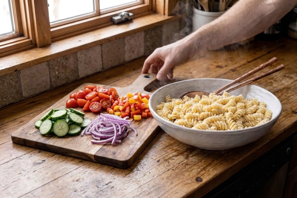 Chopped cucumber, halved cherry tomatoes, diced red bell pepper, and sliced red onion on a cutting board beside a bowl of cooked rotini