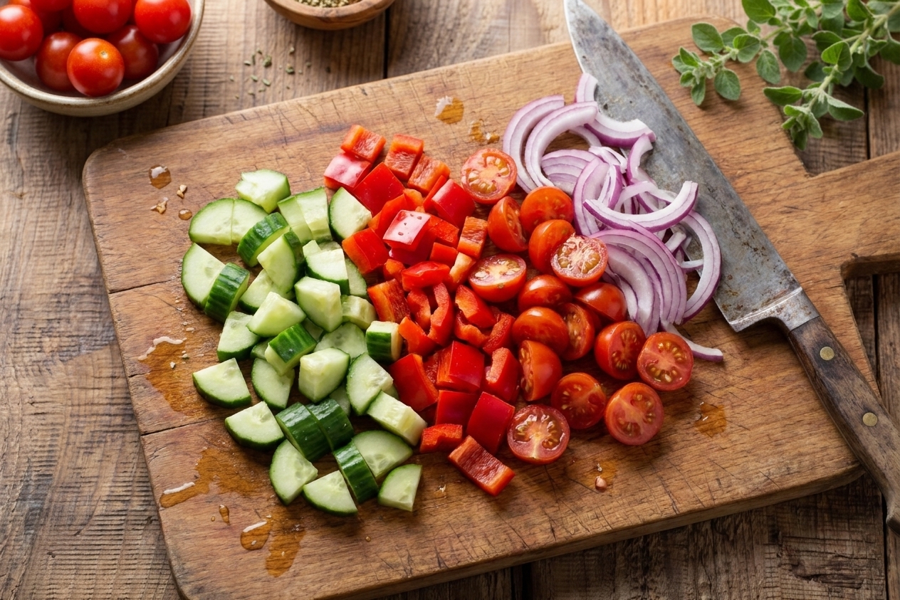 Chopped cucumber, red bell pepper, halved cherry tomatoes, and sliced red onion on a wooden cutting board