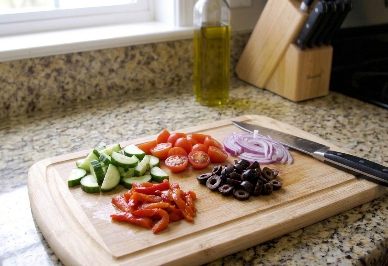 Chopped cucumbers, halved cherry tomatoes, sliced red onion, olives, and roasted red peppers prepared on a cutting board on a kitchen counter