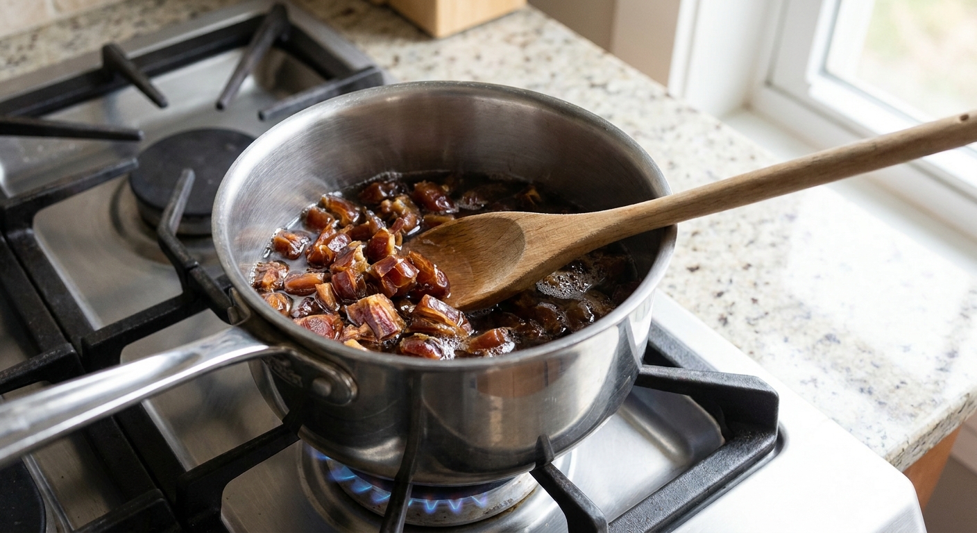 Chopped dates simmering in a small saucepan with a wooden spoon stirring as the mixture thickens