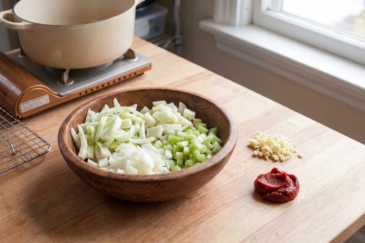 Chopped fennel, onion, and celery in a wooden bowl on a kitchen counter next to minced garlic and tomato paste