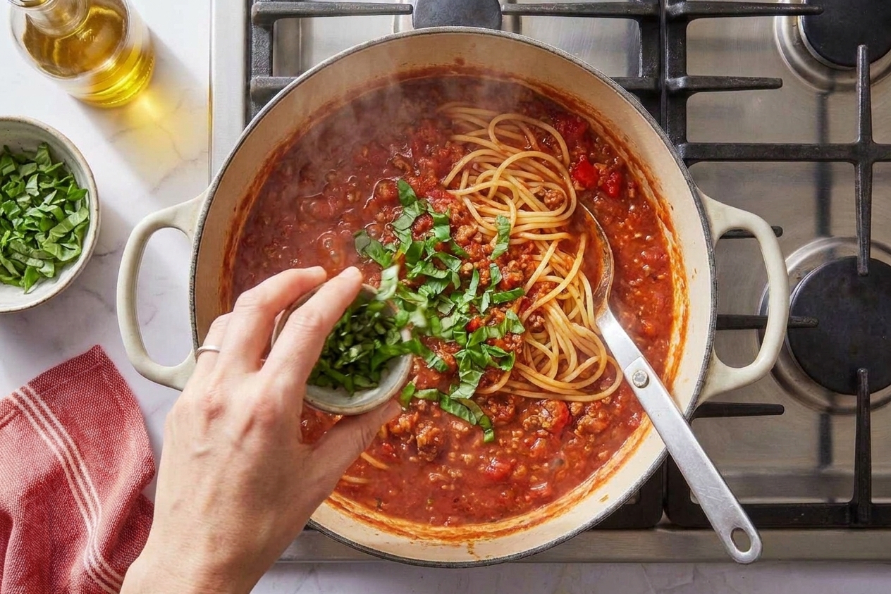 Chopped fresh basil being sprinkled over a pot of sauced pasta on the stovetop in warm kitchen light